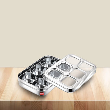 AVIAS stainless steel dry fruit cum spice box with 6 square compartments